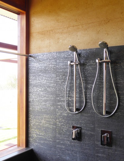 rammed earth in bathroom